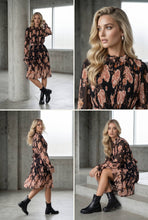 Laden Sie das Bild in den Galerie-Viewer, Plissiertes Chiffon-Midi-Kleid mit Blumenmuster und Stehkragen: S